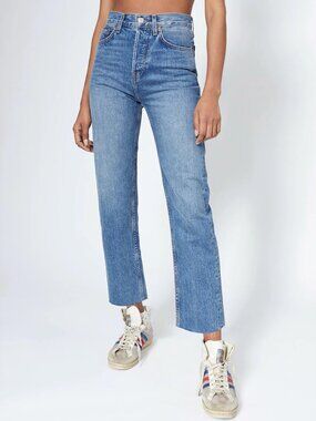RE/DONE High Rise Stove Pipe Jeans in Medium Vain Size 30